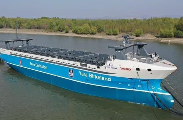 世界上第一艘自动电动集装箱船Yara Birkeland下水